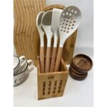 Bambu Saplı Silikon Mutfak Servis Seti, Pişirme ve Servis Takımı, 4 Parça, Beyaz