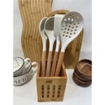 Bambu Saplı Silikon Mutfak Servis Seti, Pişirme ve Servis Takımı, 4 Parça, Beyaz - Görsel 2