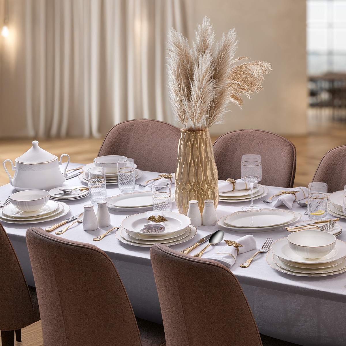 110001226812133.jpg Evaliza Destiny Gold 85 Parça 12 Kişilik Yemek Takımı - Görsel 1