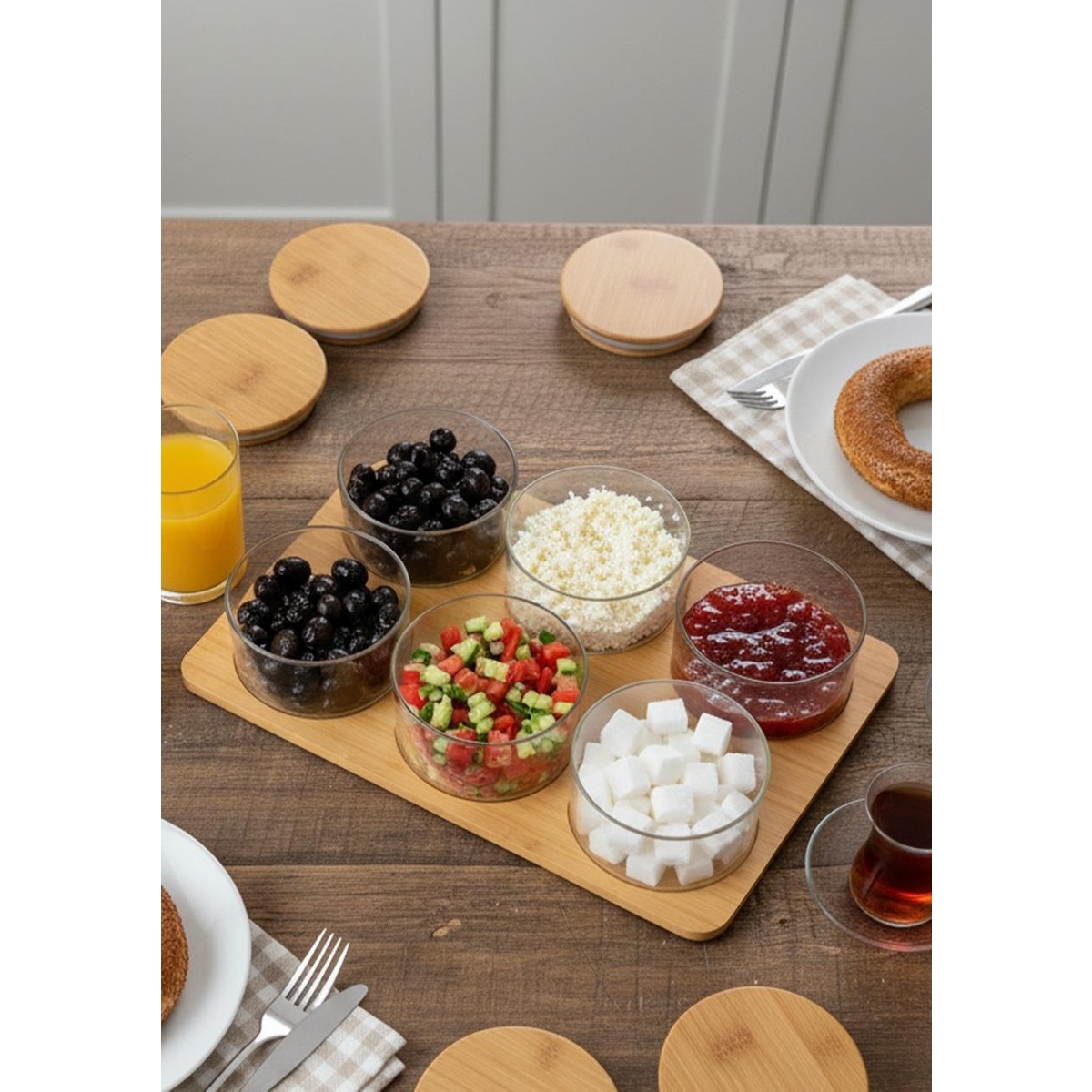 110001227315059.jpg Hometarz Cam Kahvaltı Takımı -Bambu Yuvarlak Kahvaltılık 13 Parça - Görsel 1