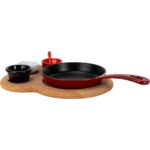 Lava Döküm Yuvarlak Kızartma Tavası Yekpare Saplı Kayın Ahşap Altlık. ÇAP(Ø)16CM. (Bu Ürüne Sos Kapları Dahil Değildir)-Bordo - Görsel 2