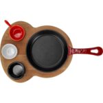 Lava Döküm Yuvarlak Kızartma Tavası Yekpare Saplı Kayın Ahşap Altlık. ÇAP(Ø)16CM. (Bu Ürüne Sos Kapları Dahil Değildir)-Bordo - Görsel 3