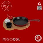 Lava Döküm Yuvarlak Kızartma Tavası Yekpare Saplı Kayın Ahşap Altlık. ÇAP(Ø)16CM. (Bu Ürüne Sos Kapları Dahil Değildir)-Bordo - Görsel 4