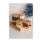 Bambum Duo 300ML 6'lı Beyaz Tepsili Bambu Kapaklı Cam Kahvaltılık