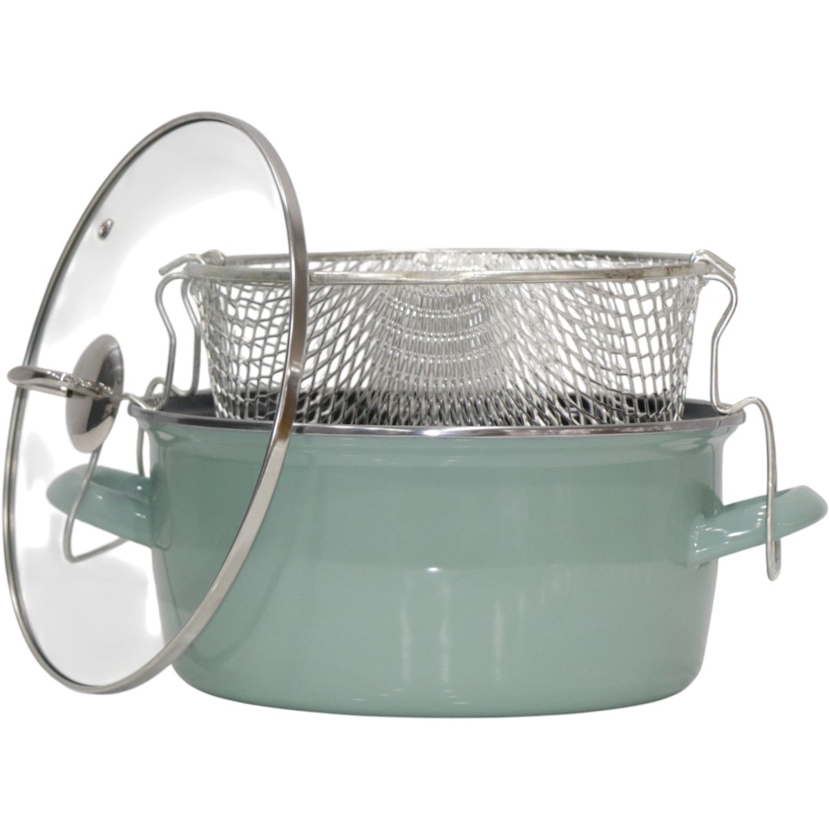 110001229157228.jpg Pr Home Emaye Cam Kapaklı Kızartma Tenceresi 24 cm Soft Yeşil Krom Tepeli - Görsel 1