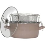 Pr Home Emaye Cam Kapaklı Kızartma Tenceresi 24 cm Açık Kahverengi Krom Tepeli