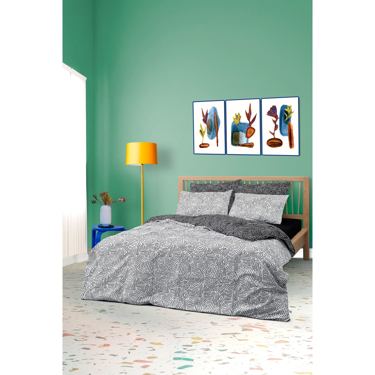 110001230217257.jpg Cozy Home Mono Çift Kişilik Lastikli Çarşaflı Nevresim Takımı Maze Siyah - Görsel 1