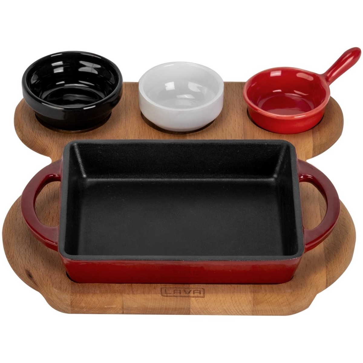 110001230353262.jpg Lava Döküm Dikdörtgen Sahan Döküm Demir Yekpare Çift Kulplu Kayın Servis Ahşabı Ölçü 12X15CM. (Sos Kapları Dahil Değildir.)-Bordo - Görsel 1