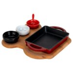 Lava Döküm Dikdörtgen Sahan Döküm Demir Yekpare Çift Kulplu Kayın Servis Ahşabı Ölçü 12X15CM. (Sos Kapları Dahil Değildir.)-Bordo - Görsel 2