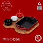 Lava Döküm Dikdörtgen Sahan Döküm Demir Yekpare Çift Kulplu Kayın Servis Ahşabı Ölçü 12X15CM. (Sos Kapları Dahil Değildir.)-Bordo - Görsel 4