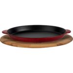 Lava Döküm Oval Fajita Tabağı Döküm Demir Yekpare Çift Kulplu Kayın Servis Ahşabı Ölçü 18X24CM.-BORDO