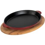 Lava Döküm Oval Fajita Tabağı Döküm Demir Yekpare Çift Kulplu Kayın Servis Ahşabı Ölçü 18X24CM.-BORDO - Görsel 2