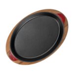 Lava Döküm Oval Fajita Tabağı Döküm Demir Yekpare Çift Kulplu Kayın Servis Ahşabı Ölçü 18X24CM.-BORDO - Görsel 3