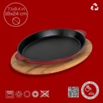 Lava Döküm Oval Fajita Tabağı Döküm Demir Yekpare Çift Kulplu Kayın Servis Ahşabı Ölçü 18X24CM.-BORDO - Görsel 4