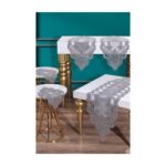 Çeyiz Diyarı Fransız Güpürlü Kadife Midye Salon Takımı 5 Parça Gri