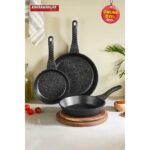 Kahramanlar Alüminyum Döküm Düz Tava Seti 3 Parça 20-24-28 cm PTFE Kaplama Siyah