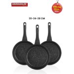 Kahramanlar Alüminyum Döküm Düz Tava Seti 3 Parça 20-24-28 cm PTFE Kaplama Siyah - Görsel 3