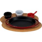 Lava Döküm Oval Sahan Döküm Demir Yekpare Çift Kulplu Kayın Servis Ahşabı Ölçü 21X14CM. (Sos Kapları Dahil Değildir.)-Bordo