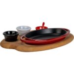 Lava Döküm Oval Sahan Döküm Demir Yekpare Çift Kulplu Kayın Servis Ahşabı Ölçü 21X14CM. (Sos Kapları Dahil Değildir.)-Bordo - Görsel 2