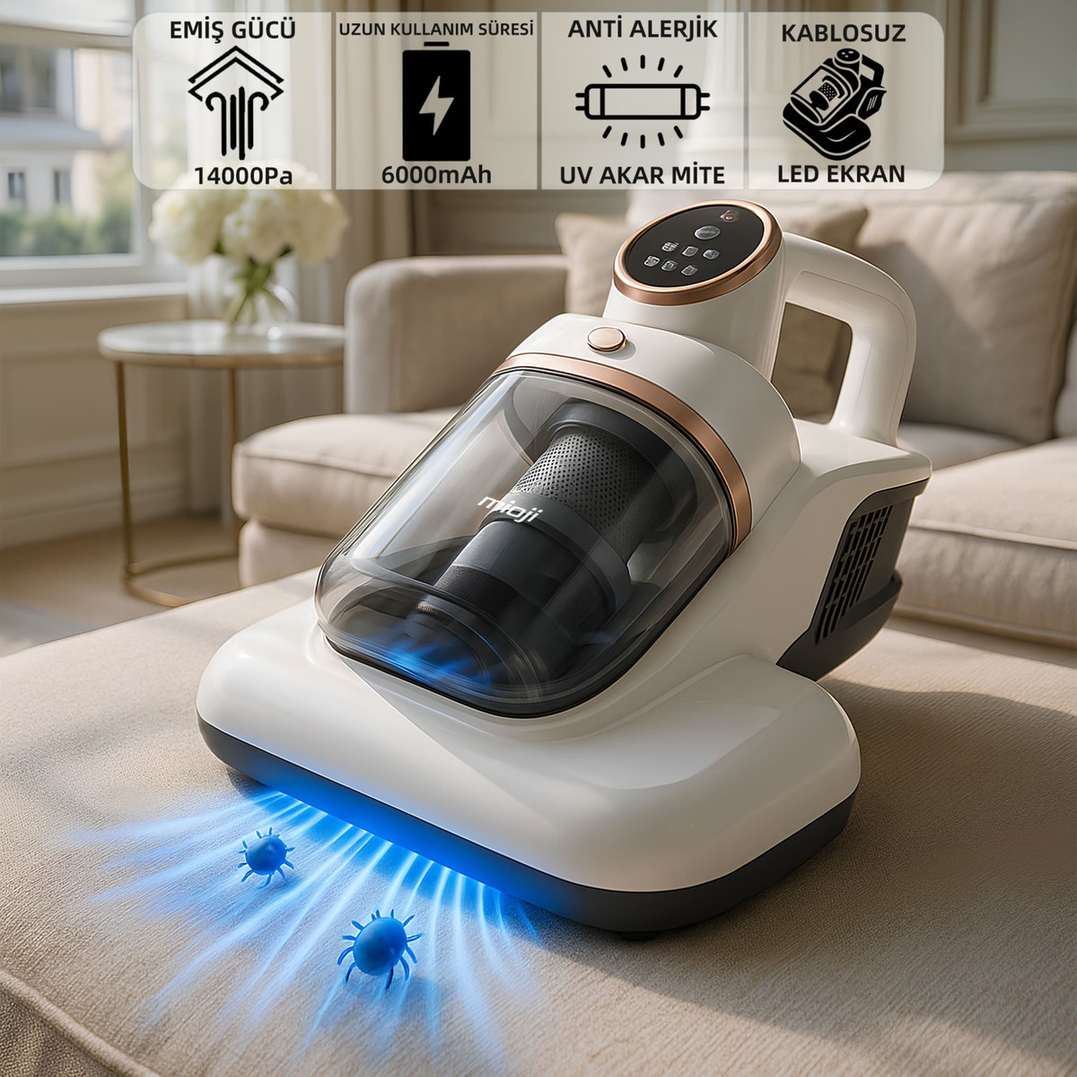 110001236461538.jpg Mioji UV10C 6000MAH Antialerjik Ultraviyole 14000PA Akar Mite Temizleyici Kablosuz Şarjlı Süpürge - Görsel 1