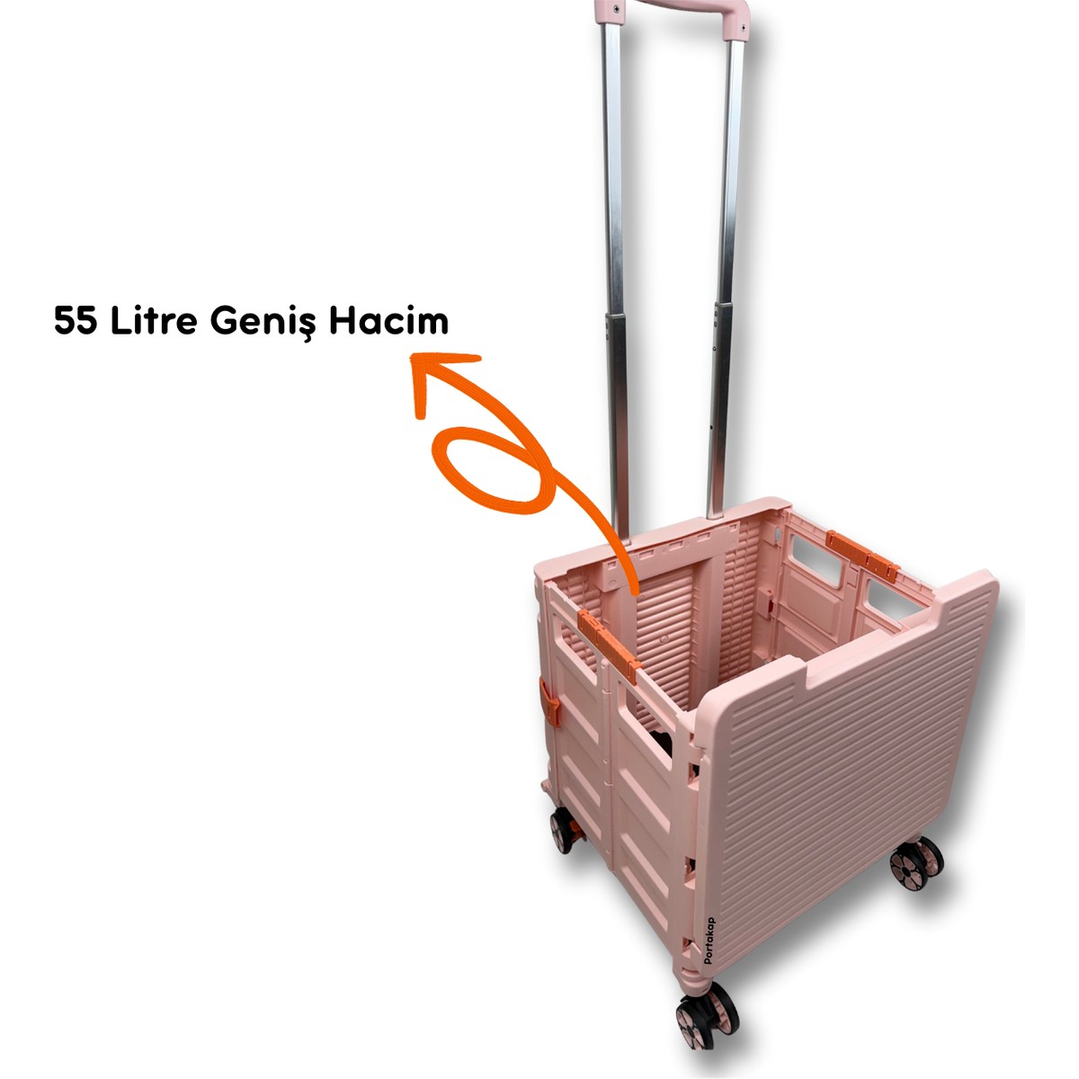 110001239865065.jpg Portakap 4 Tekerlekli, 55 Litre Pembe Katlanır Alışveriş Arabası - Hareketli Tutacaklı, piknik Masalı - Görsel 1