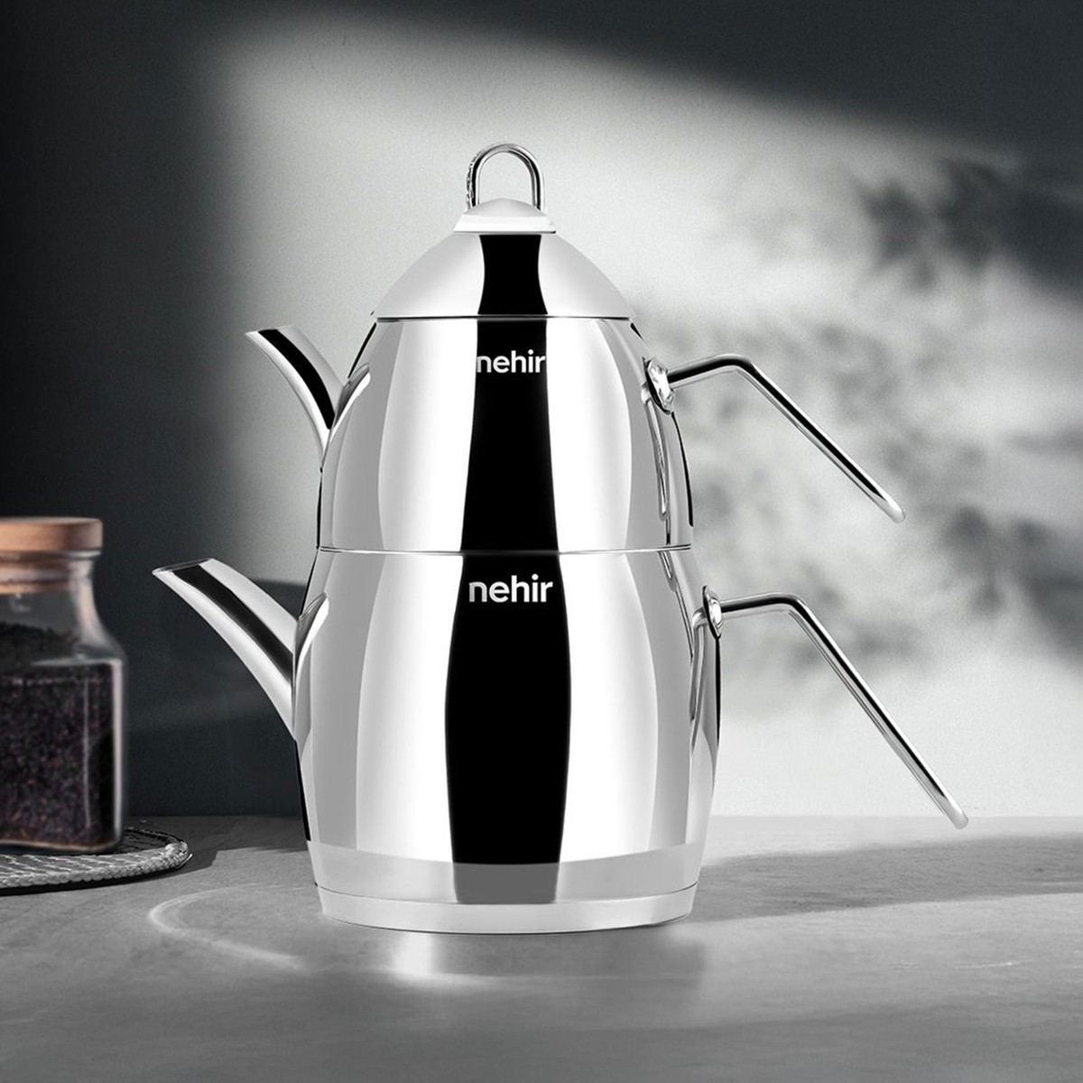 110001240016113.jpg Nehir Florina Maxi Çelik Çaydanlık Takımı - Gri - 2,1 Lt + 1,4 Lt - Görsel 1