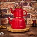 Arow Roomy Emaye Çaydanlık - Kırmızı / Altın - 2,5 Lt + 1,1 Lt