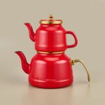 Arow Roomy Emaye Çaydanlık - Kırmızı / Altın - 2,5 Lt + 1,1 Lt - Görsel 2