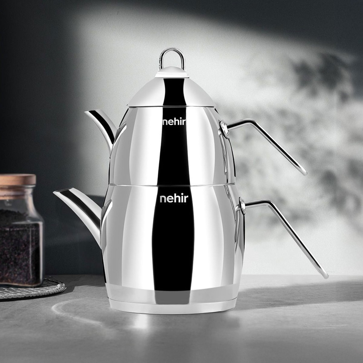 110001240113724.jpg Nehir Florina Midi Çelik Çaydanlık Takımı - Gri - 1,5 Lt + 1 Lt - Görsel 1