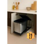 ALMITAL Cassone Dolap Içi Teleskopik Raylı Paslanmaz Krom Çöp Kovası 24 Litre, Minimum Kapak Genişliği 40 Cm