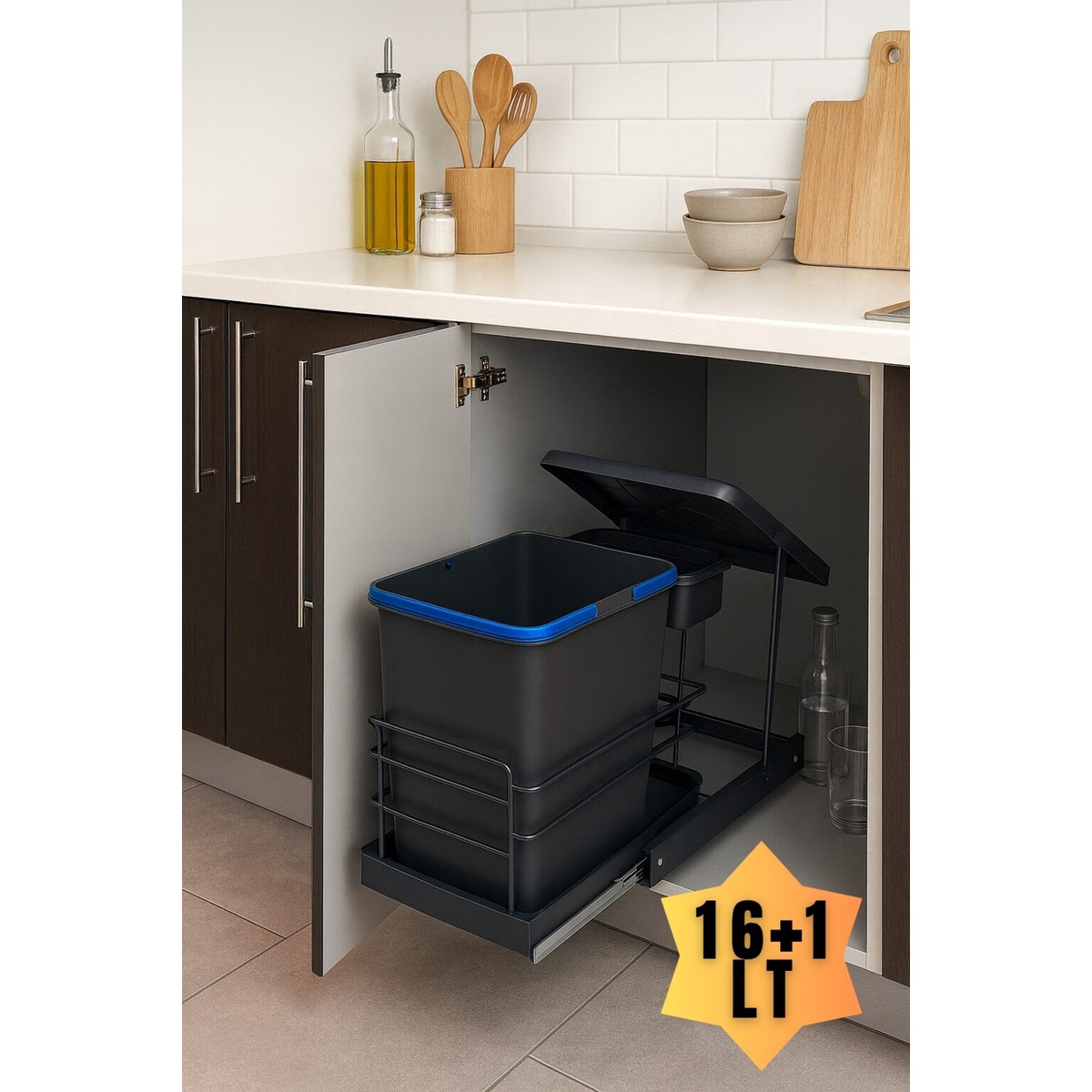 110001248149337.jpg ALMITAL Cassone 16+1 Litre Dolap Içi Raylı Teleskopik Antrasit Çöp Kovası, Minimum Kapak Genişliği 40 cm - Görsel 1