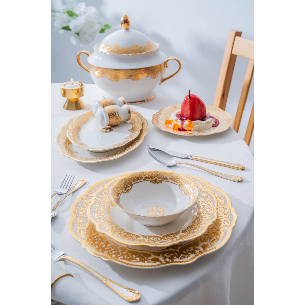 110001249789835.jpg Acar Damasse 12 Kişilik 60 Parça porselen Yemek Takımı - Görsel 1