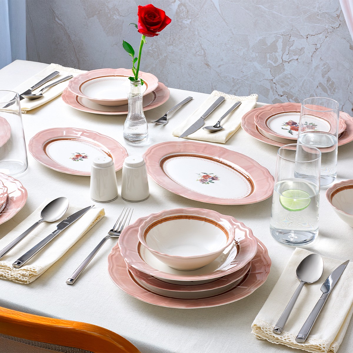 110001249887345.jpg Aryıldız Jardin Pembe 30 Parça 6 Kişilik Yemek Takımı - Görsel 1