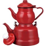 Ebru Metal Emaye Nostaljik Orta Boy Çaydanlık Takımı - Kırmızı (13-18)