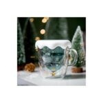 Linan Ware Çift Cidarlı Cam Bardak, Yeni Yıl Çam Ağacı Tasarımlı Kapaklı Kupa  250 ml